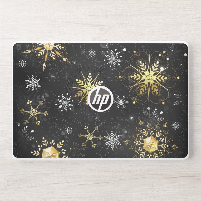 Xmas Golden Snowflakes on Black Background HP Laptop Skin (Front)