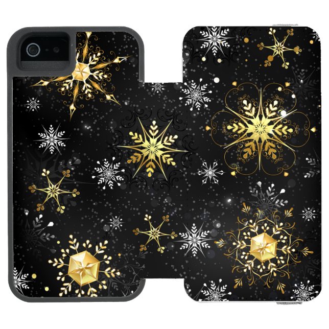 Xmas Golden Snowflakes on Black Background Incipio iPhone Wallet Case (Folio Open)