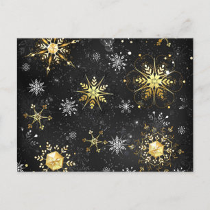 Xmas Golden Snowflakes on Black Background Invitation Postcard