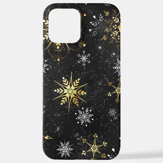 Xmas Golden Snowflakes on Black Background iPhone Case (Back)