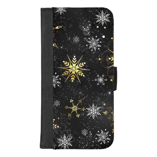 Xmas Golden Snowflakes on Black Background iPhone Wallet Case (Front)