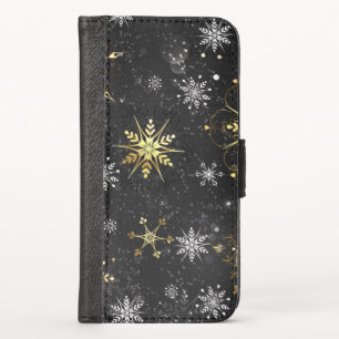 Xmas Golden Snowflakes on Black Background iPhone X Wallet Case