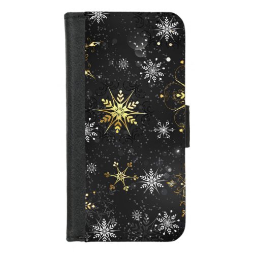 Xmas Golden Snowflakes on Black Background iPhone 87 Wallet Case