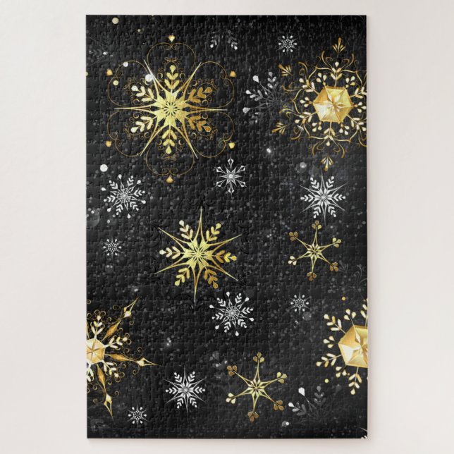 Xmas Golden Snowflakes on Black Background Jigsaw Puzzle (Vertical)
