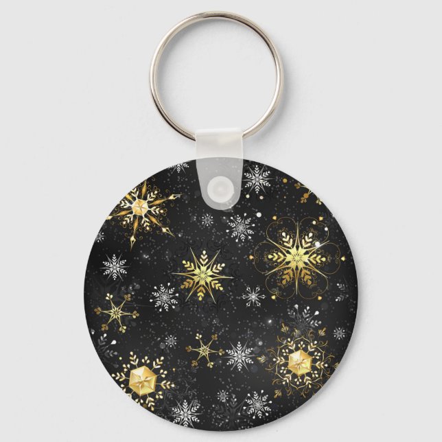 Xmas Golden Snowflakes on Black Background Keychain (Front)