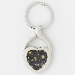 Xmas Golden Snowflakes on Black Background Keychain