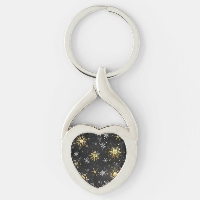 Xmas Golden Snowflakes on Black Background Keychain (Front)