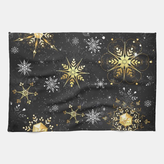 Xmas Golden Snowflakes on Black Background Kitchen Towel (Horizontal)