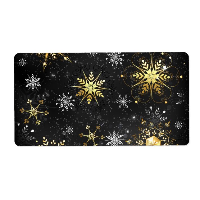 Xmas Golden Snowflakes on Black Background Label (Front)