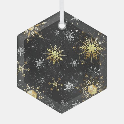 Xmas Golden Snowflakes on Black Background Label Glass Ornament