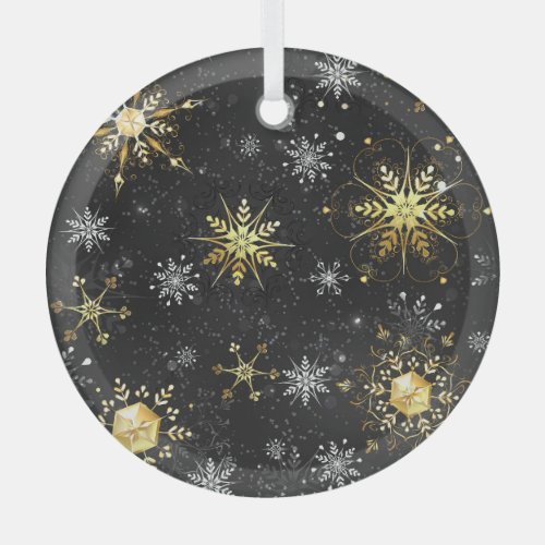 Xmas Golden Snowflakes on Black Background Label Glass Ornament