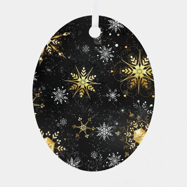 Xmas Golden Snowflakes on Black Background Label Metal Ornament (Front)