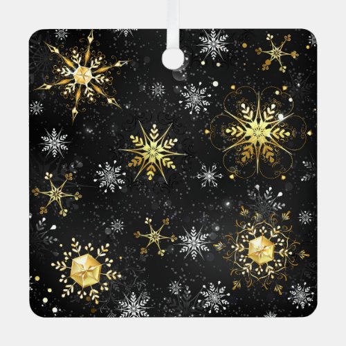 Xmas Golden Snowflakes on Black Background Label Metal Ornament