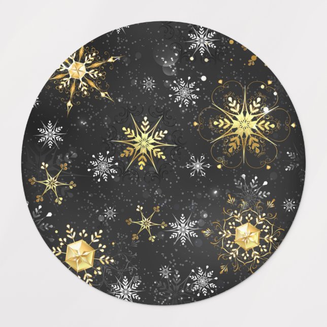 Xmas Golden Snowflakes on Black Background Labels (Design 1)