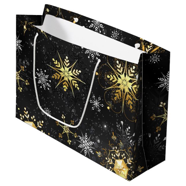 Xmas Golden Snowflakes on Black Background Large Gift Bag (Front Angled)