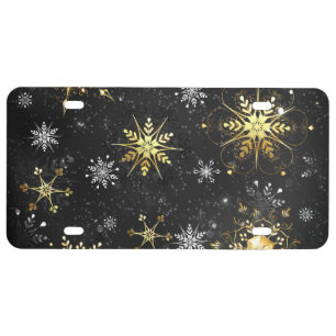 Xmas Golden Snowflakes on Black Background License Plate