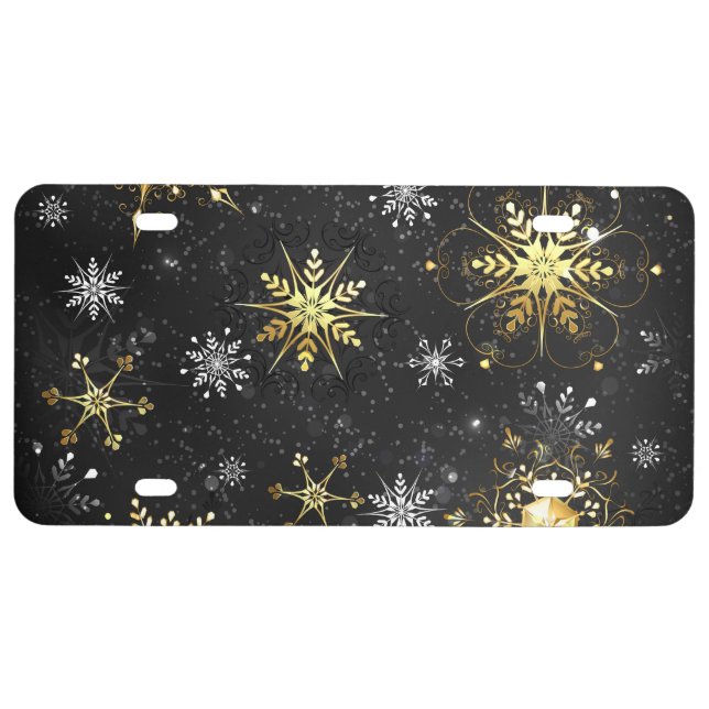 Xmas Golden Snowflakes on Black Background License Plate (Front)