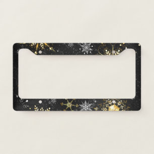 Xmas Golden Snowflakes on Black Background License Plate Frame