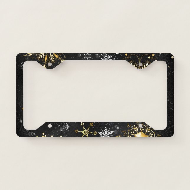 Xmas Golden Snowflakes on Black Background License Plate Frame (Front)