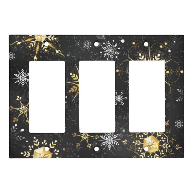Xmas Golden Snowflakes on Black Background Light Switch Cover (Front)