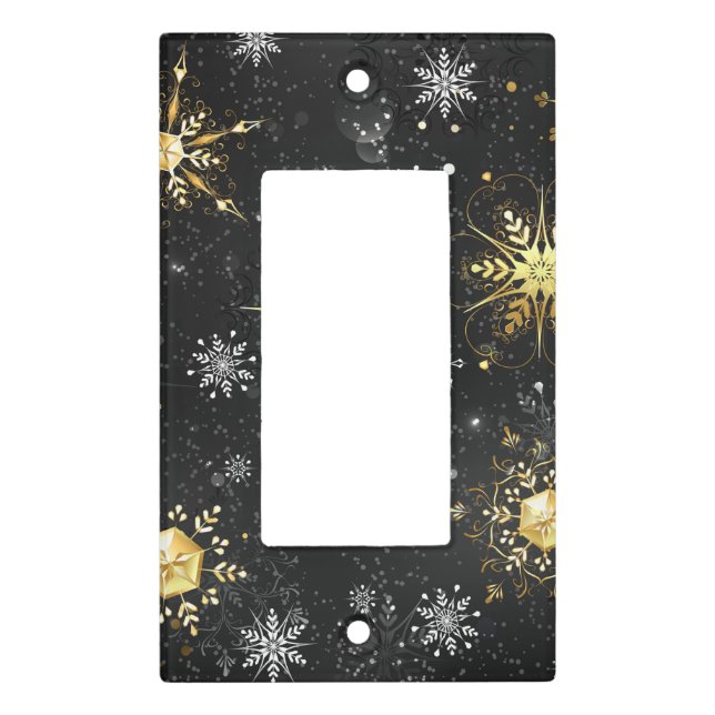 Xmas Golden Snowflakes on Black Background Light Switch Cover (Front)