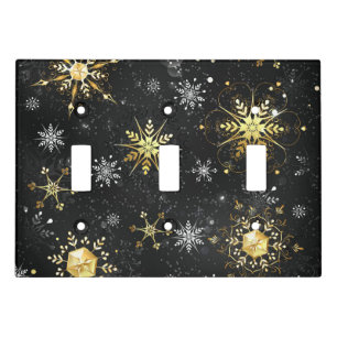 Xmas Golden Snowflakes on Black Background Light Switch Cover