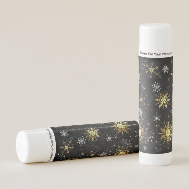Xmas Golden Snowflakes on Black Background Lip Balm (Front)