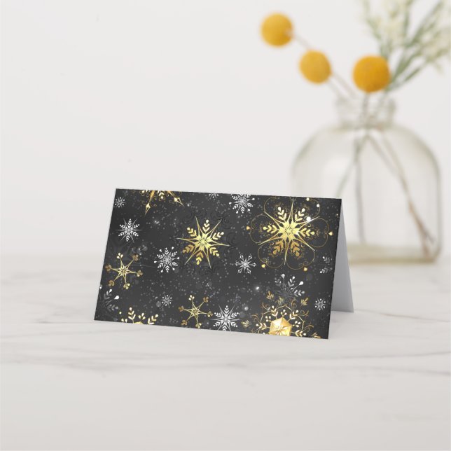 Xmas Golden Snowflakes on Black Background Loyalty Card (Front)