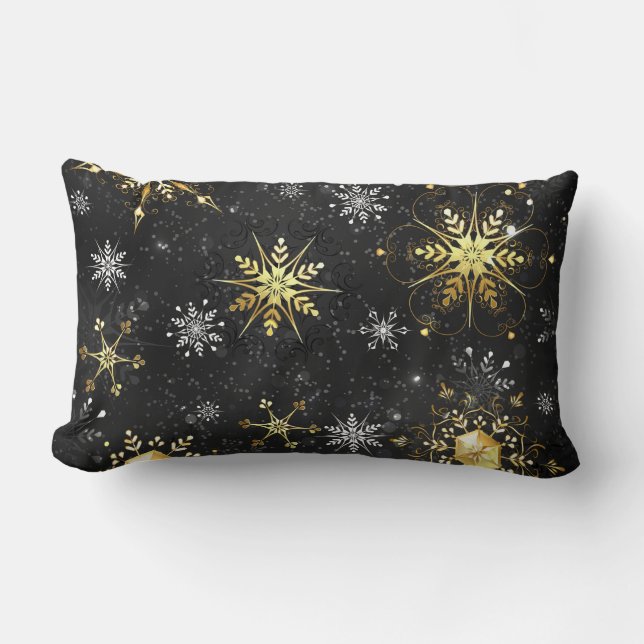 Xmas Golden Snowflakes on Black Background Lumbar Pillow (Front)