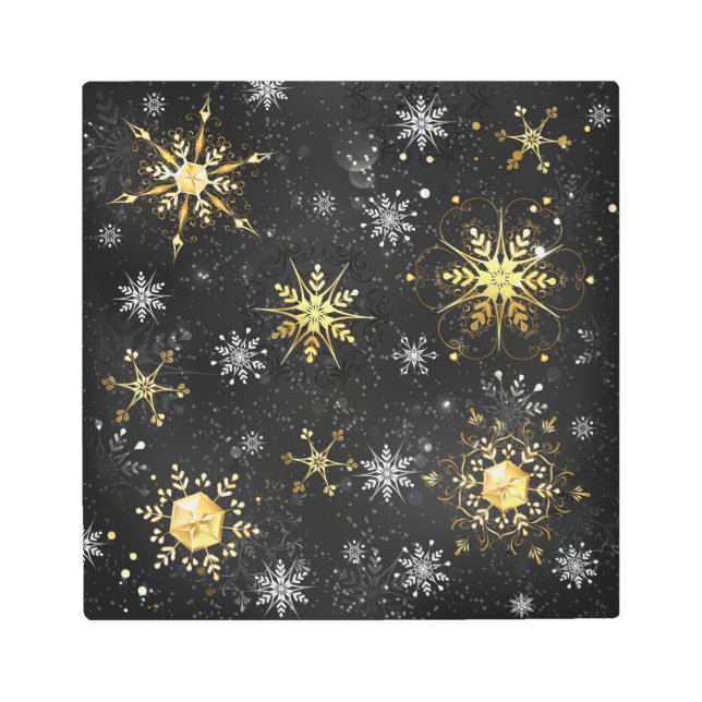 Xmas Golden Snowflakes on Black Background Metal Print (Front)