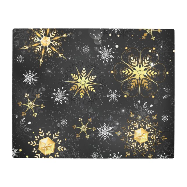 Xmas Golden Snowflakes on Black Background Metal Print (Front)