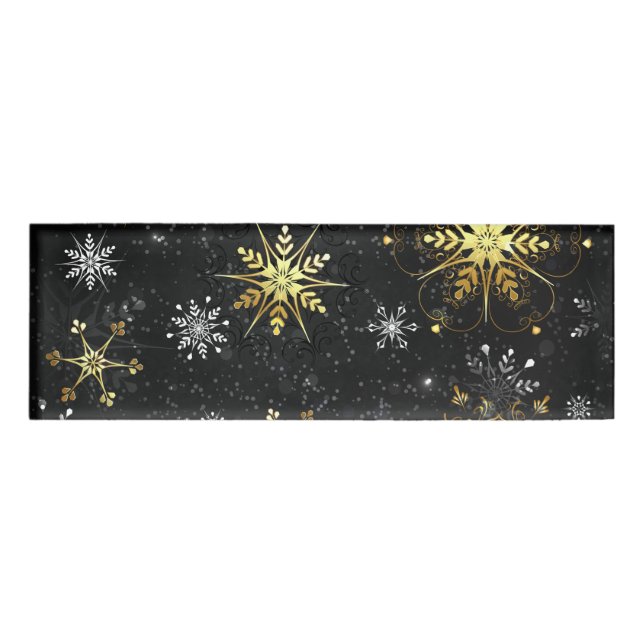 Xmas Golden Snowflakes on Black Background Name Tag (Front)