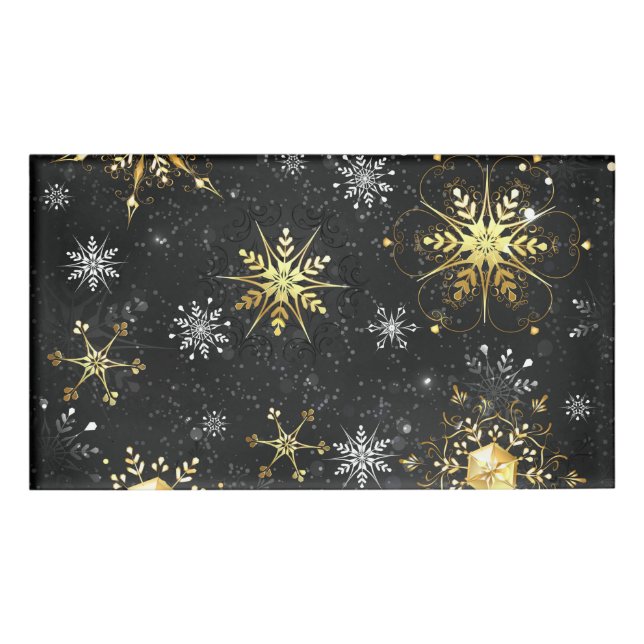 Xmas Golden Snowflakes on Black Background Name Tag (Front)