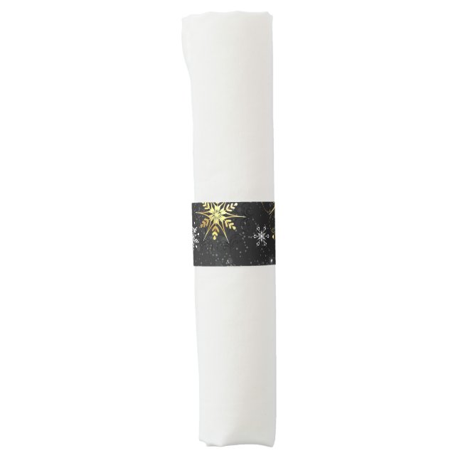 Xmas Golden Snowflakes on Black Background Napkin Bands (Front)