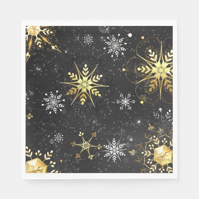 Xmas Golden Snowflakes on Black Background Napkins (Front)