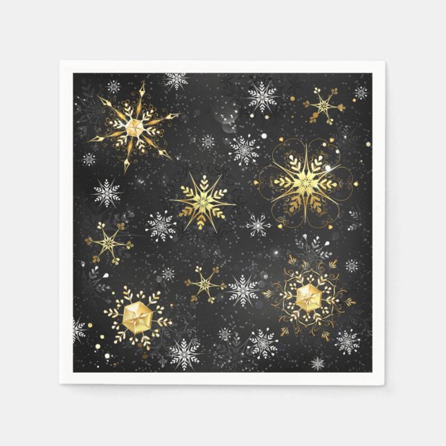 Xmas Golden Snowflakes on Black Background Napkins (Front)