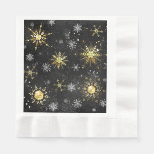 Xmas Golden Snowflakes on Black Background Napkins