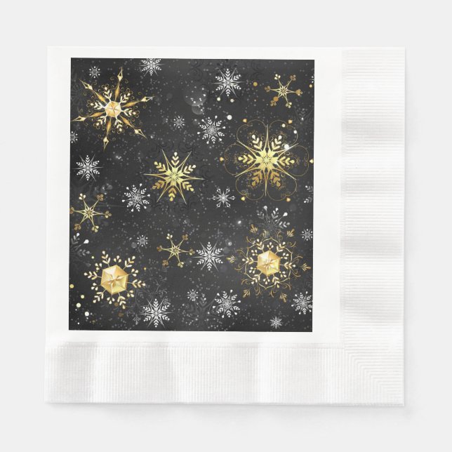 Xmas Golden Snowflakes on Black Background Napkins (Front)