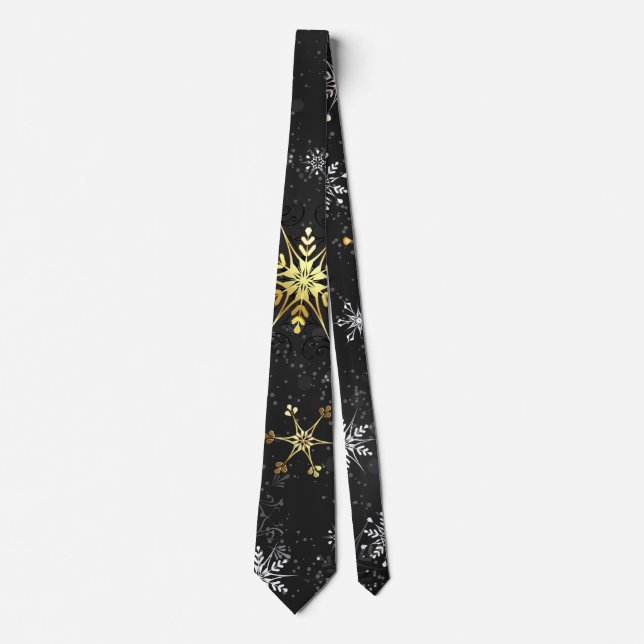 Xmas Golden Snowflakes on Black Background Neck Tie (Front)