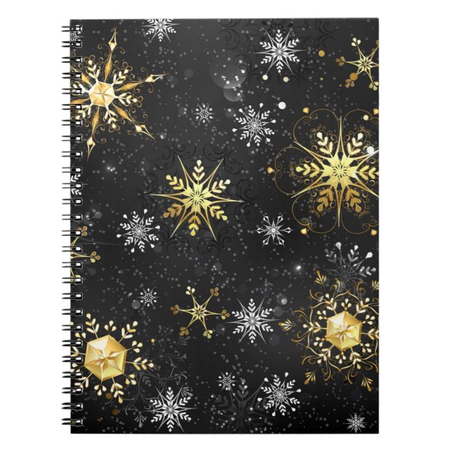 Xmas Golden Snowflakes on Black Background Notebook (Front)