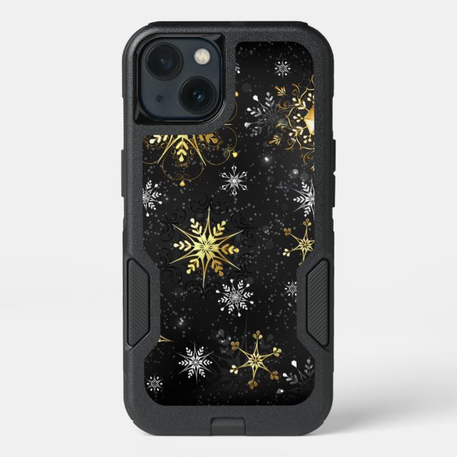 Xmas Golden Snowflakes on Black Background Otterbox iPhone Case (Back)