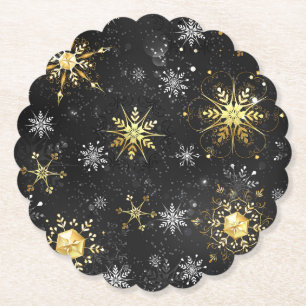 Xmas Golden Snowflakes on Black Background Paper Coaster