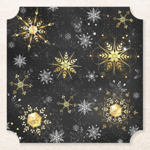 Xmas Golden Snowflakes on Black Background Paper Coaster