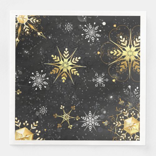 Xmas Golden Snowflakes on Black Background Paper Dinner Napkins