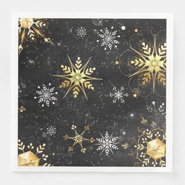 Xmas Golden Snowflakes on Black Background Paper Dinner Napkins (Front)