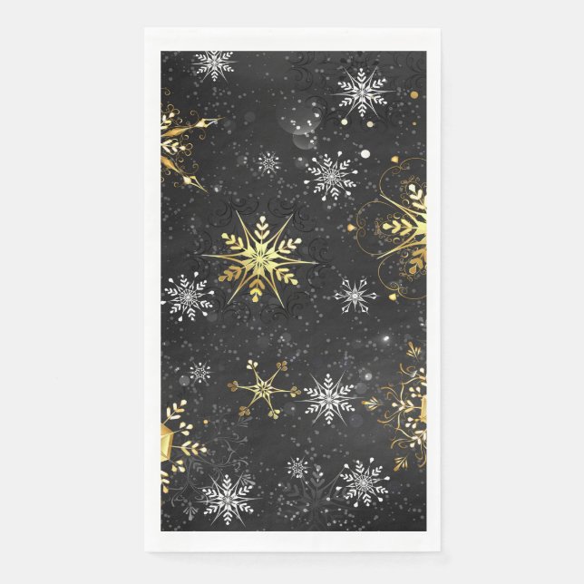 Xmas Golden Snowflakes on Black Background Paper Guest Towels (Front)