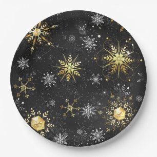Xmas Golden Snowflakes on Black Background Paper Plates
