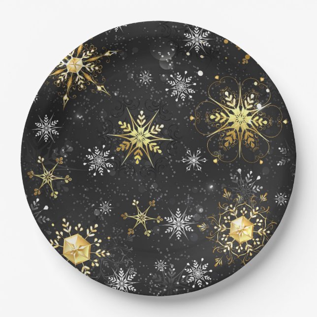 Xmas Golden Snowflakes on Black Background Paper Plates (Front)