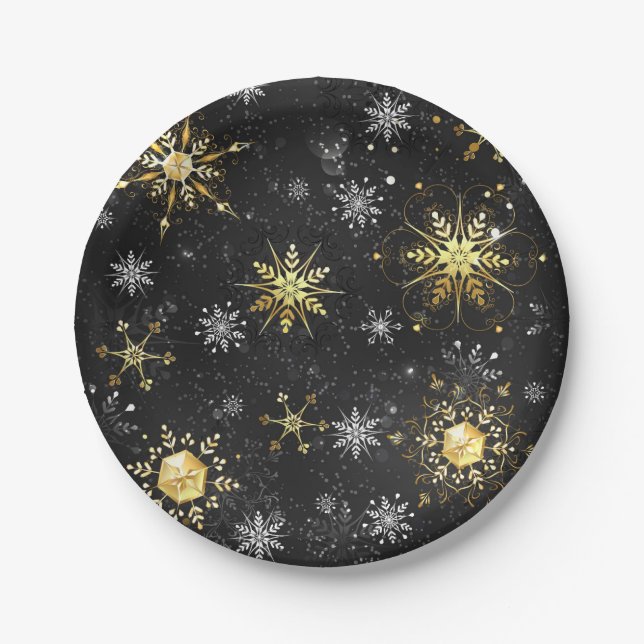Xmas Golden Snowflakes on Black Background Paper Plates (Front)