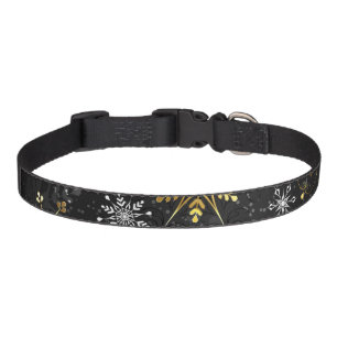 Xmas Golden Snowflakes on Black Background Pet Collar
